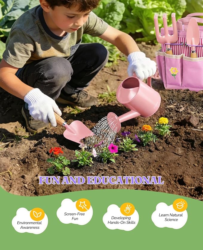 8Pcs Kids Gardening Set with Metal Basket & Real Metal Tools, STEM Outdoor Exploration Kit, Ergonomic Wooden Handles, 3 Shovels, Rake, Watering Can, Gloves, Tote Bag, Toy Gift for Toddler Boys Girls