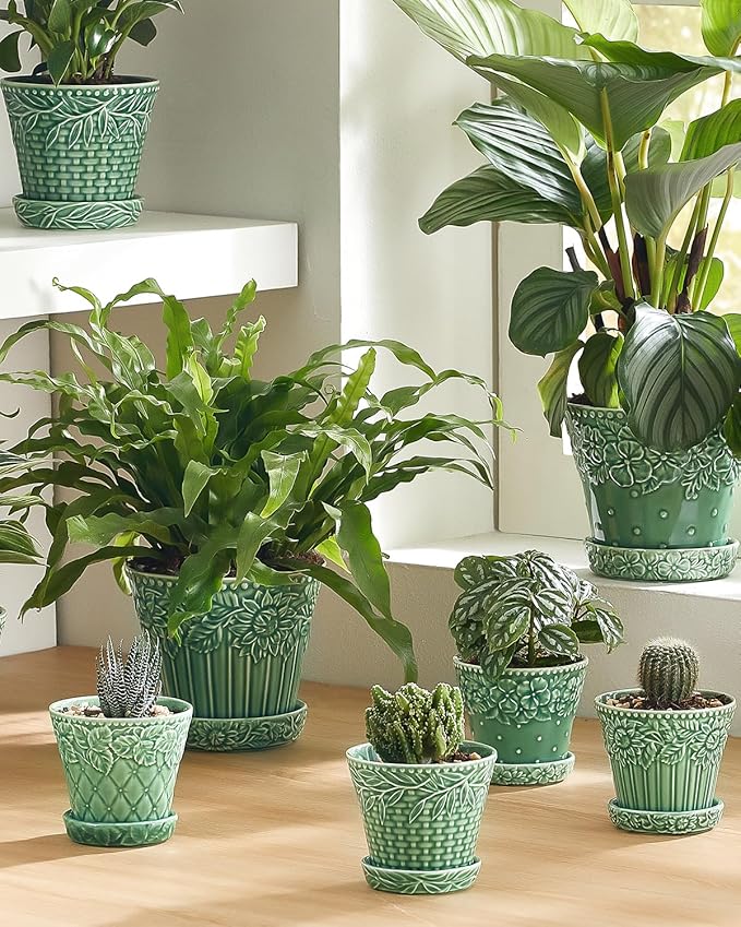 Metahom Succulent Ceramic Pots, 3.8 Inch Small Plant Pots with Drainage Hole & Saucer, Flower Planter Pot for Indoor Plants Cacti, Home Decor, Set of 4, Green