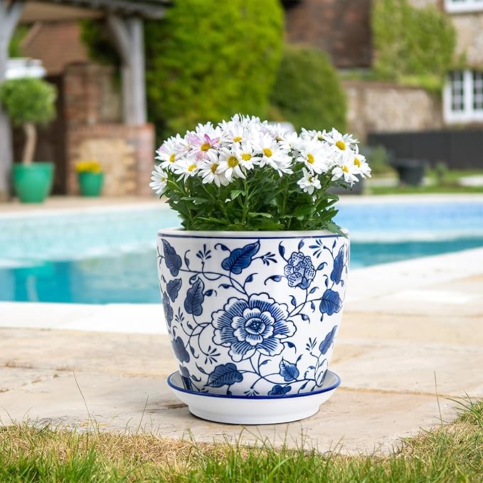 HakkaGirl 8 inch Ceramic Planters for Indoor Plants, Chinoiserie Decor Ceramic Pots for Plants Flower Plant Pots Indoor with Drainage and Saucer, Blue and White