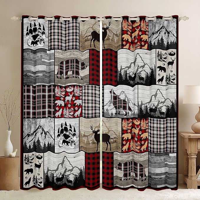 Feelyou Kids Plaid Deer Elk Bear Wolf Curtains Room Decor Rustic Cabin Farm Forest Camping Hunting Blackout Curtain Boys Farm Forest Darkening Drapes Farmhouse Window Treatment, 2 Panels 52 x 84 Inch