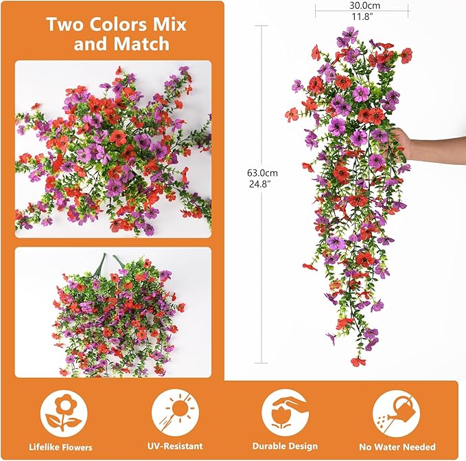Hommyea Artificial Hanging Flowers for Outdoors, 2 Pcs Fake Hanging Plant Spring Summer Decor, UV Resistant No Fade Faux Silk Daisy Flower for Planter Front Door Porch Patio Yard Garden(Red Purple)