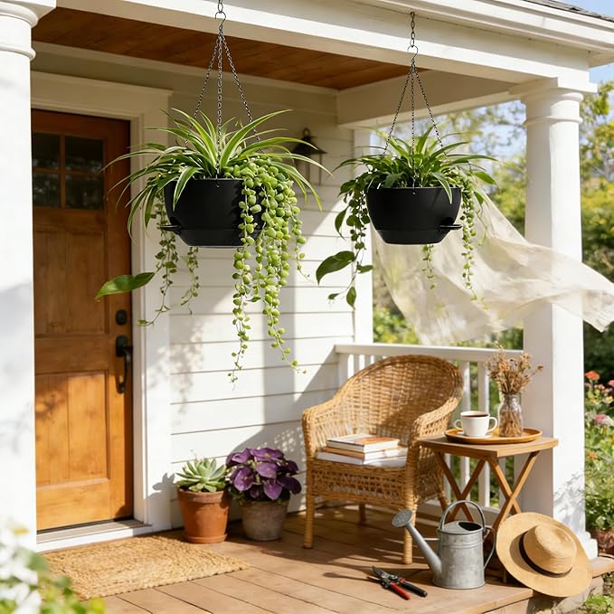 UOUZ 13 Inch 2 Pack Large Self Watering Hanging Planters for Indoor Outdoor Plants, Hanging Plant Pots with Removable 50 Oz Reservoir, Plastic Hanging Basket for Window Porch Garden Balcony, Black