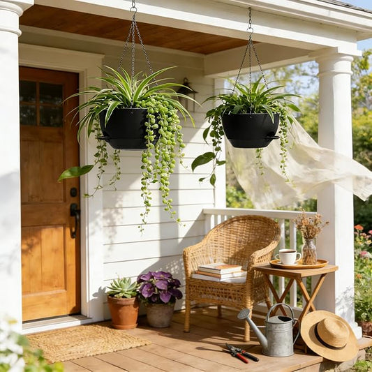UOUZ 13 Inch 2 Pack Large Self Watering Hanging Planters for Indoor Outdoor Plants, Hanging Plant Pots with Removable 50 Oz Reservoir, Plastic Hanging Basket for Window Porch Garden Balcony, Black
