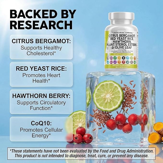 Clean Nutraceuticals Citrus Bergamot Red Yeast Rice Capsules with Plant Sterols - with Hawthorn Extract Olive Leaf Niacin Vitamin K3 D3 COQ10 Guggul & More