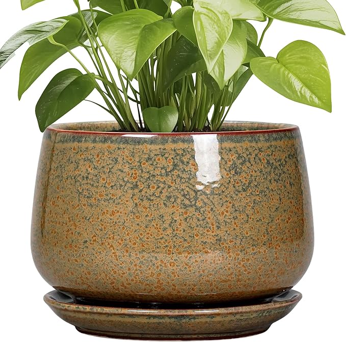 G EPGardening Ceramic Planters - 9 Inch Ceramic Pots for Plants Indoor Outdoor, Round Planter with Drainage and Saucer, Modern Indoor Flower Pots, House Room Decor, Gift for Women Men, Speckled Brown