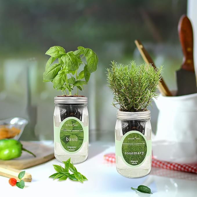 2-Pack Hydroponic Mason Jar Herb Garden Kit, Indoor Herb Garden Self-Watering Starter Kit, New Christmas Gift for Mom (Basil,Rosemary)