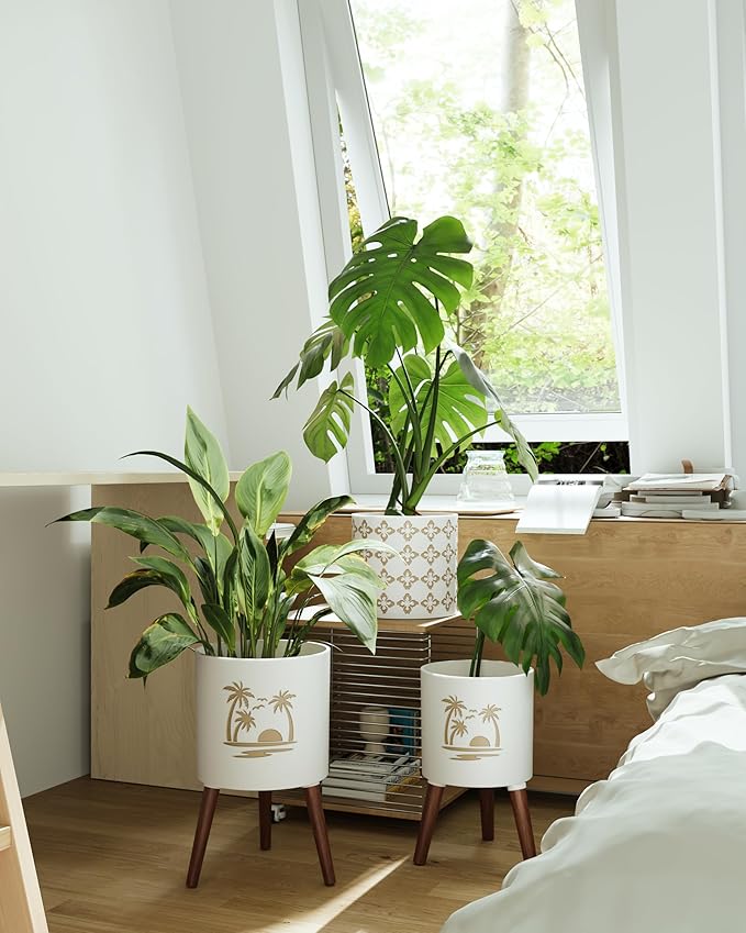 2 Set Plant Pot with Stand 10 & 12 inches – Large Indoor Pots for Plants with Solid Oak Wood Stand & Drainage, Palm，White ＆ Gold