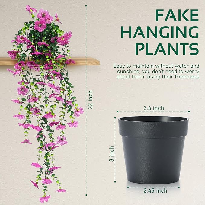 FAVOWREATH Fake Plants Hanging Artificial Potted Faux Eucalyptus Plants and Flowers for Modern Boho Farmhouse Bathroom Office Desk Wall Book Shelf Living Room Aesthetic Decor Indoor (Purple)