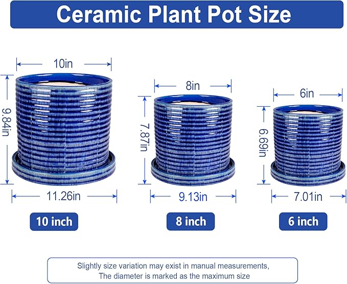 EFISPSS Ceramic Planter Pots, 6+8+10 Inch Planters for Plant Outdoor, Flower Pots with Drainage Hole and Saucer, Planter Pots for Home Garden Patio, Set of 3 - Blue