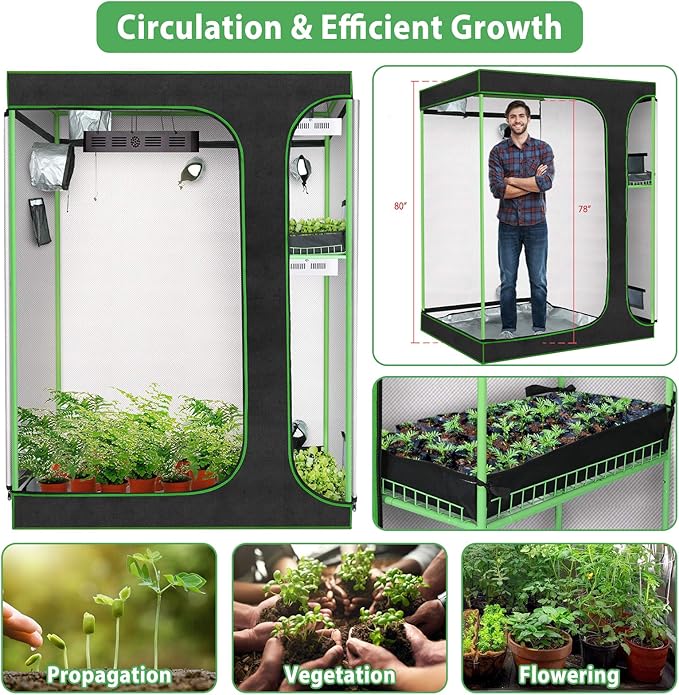 2-in-1 Grow Tent 60"x48"x80" 4'x5' Indoor Plant Growing Tents with 600D Waterproof Canvas, 3 High-Reflective Mylar Spaces for Propagation and Flower