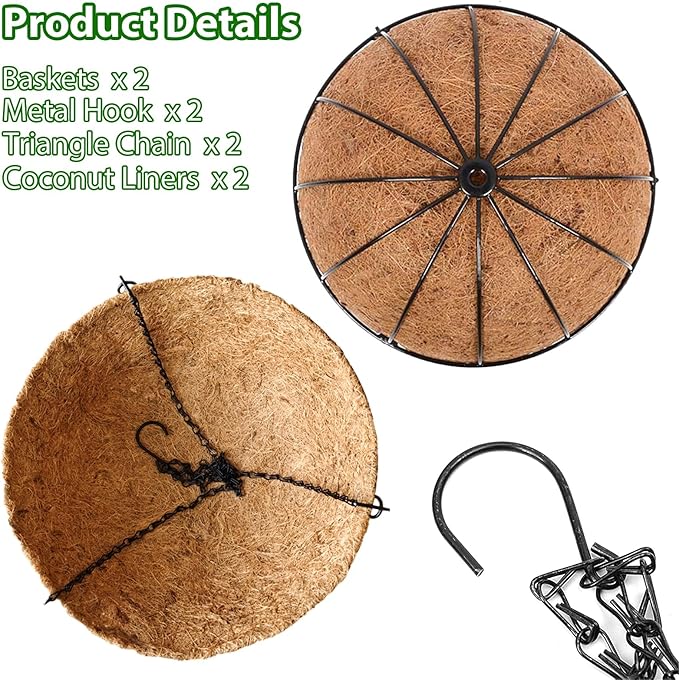 LCHUANG Hanging Baskets Planter for Plants - 2 Pack 14 Inch Metal Baskets with Coco Coir Liner, Hanging Flower Pots for Outside with Chain, Indoor Outdoor Garden Porch Decoration (14'' Pack of 2)