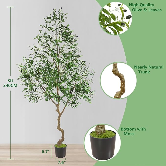 Warmplants 8ft Artificial Olive Tree, 96” Tall Fake Plant with Basket, Indoor Outdoor Faux Large Olive Silk Tree for Home Office Living Room Decor (2400 Leaves)
