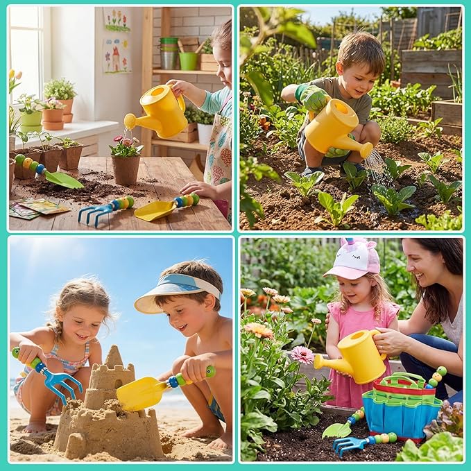 FITNATE Green Kids Garden Tools Set,6 PCS Gardening Tools for Kids Including Watering Can, Shovel, Rake, Fork, Children Gardening Gloves and Garden Tote Bag, All in One Set