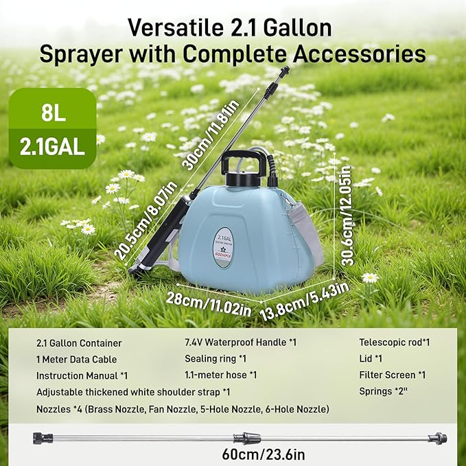 GOCHIFIX Electric Garden Sprayer 2.1 Gallon, 4 Mist Nozzles, Telescopic Wand, Adjustable Shoulder Strap, USB Rechargeable Waterproof Handle, Automatic Plant Mister for Lawn Garden