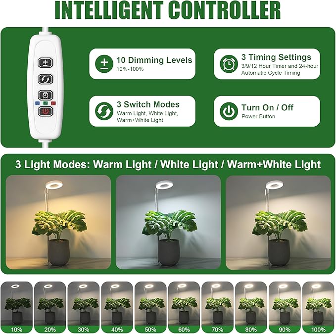 3.54" White Grow Light, Full Spectrum Plant Lights for Indoor Growing with 3/9/12H Timer, 3 Color Modes, 10 Brightness, 6.6"-24.8" Height Adjustable，Small Halo Grow Light with Base, 2 Pack