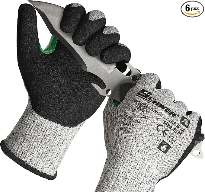 Schwer 6 Pairs Cut Resistant Work Gloves ANSI A6 Cut Proof Glove CR3028, with Reinforced Thumb, Touchscreen Working Gloves for Men and Women Used for Woodworking, Glass Cutting, Construction, M