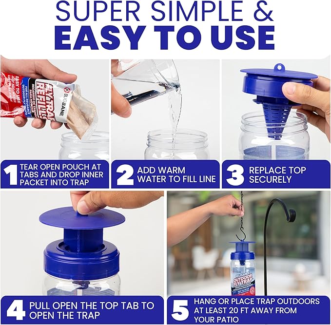 Fly Trap Outdoor Fly Traps for Patio with 2 Non-Toxic Dissolvable Bait Refills. Reusable Hanging Bug Catcher Killer for All Filth Flies for Outside Bug Control Yard Ranch. Hanging Chains Included.