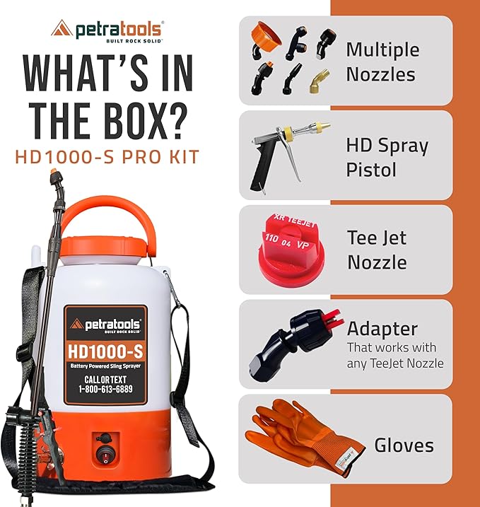 PetraTools Battery Powered Sprayer 1 Gallon - HD1000-S - Heavy Duty Electric Sprayers in Lawn and Garden for Weed/Pest Control, Watering & More - with 8 Nozzles & Strap (1 Gallon ProKit)