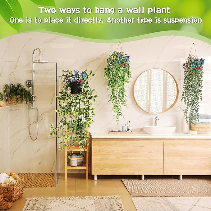 Giegxin 10 Set Fake Hanging Plant with Macrame Basket Summer Mini Artificial Macrame Plant Hanger with Woven Basket and Butterfly Ivy Faux Vines Eucalyptus Leaf for Indoor Home Wall Shelf Decor