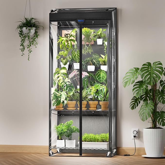 Barrina LH750 Pegboard Indoor Greenhouse with Grow Light, Plant Cabinet with 4PCS 5000K Full Spectrum Grow Lamps, 3 Adjustable Pegboards, 2 Racks, Wheel, for Foliage Plant, Seedling, 29.5x13.8x67.9IN