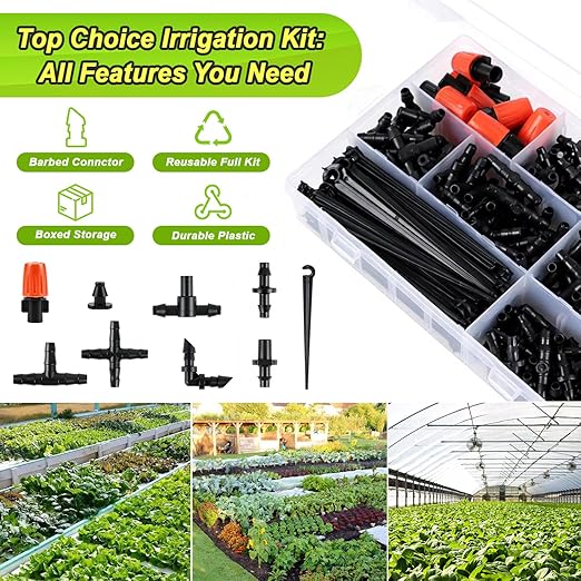250 Pcs 1/4 Inch Drip Irrigation Fittings Kit, Complete Barbed Connectors Set for 1/4" Tubing - Includes Nozzles, Nozzle Tees, Single Barbs, Couplings, Tees, Elbows, Plugs, Crosses, Stakes