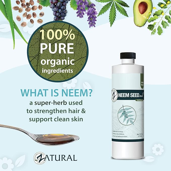 Zatural 100% Pure Neem Seed Oil | Cold Pressed, Undiluted Natural Oil for Skin Conditioning, Hair Moisture & Botanical Blending (16 Fl Oz)
