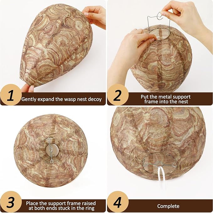 DECYOOL 4 Pack Paper Wasp Nest Decoy Hanging Wasp Nest Stay Away from Wasps Hornets Yellow Jackets(Brown)