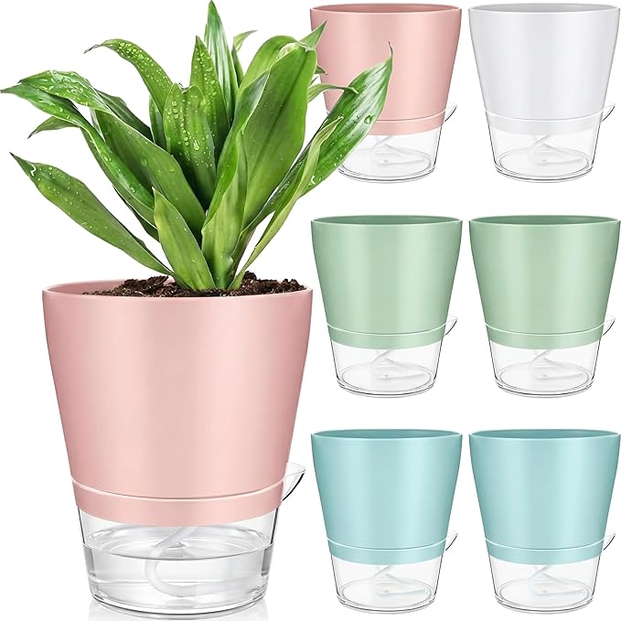 Funnymoom 6 Pack Self Watering Planters for Indoor Plants 6 Inch Colorful Flower Pots with Drainage Holes and Reservoir Plastic Plant Pots for African Violets Succulents Herbs Flowers for Home Office