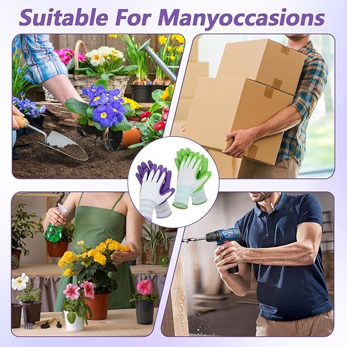 2 Pairs Gardening Gloves, Outdoor Work Garden Gloves Breathable Rubber Coated Outdoor Protective Yard Glove with Grip for Women Men Garden Essentials (Green & Purple)