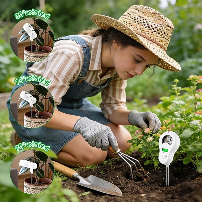 6-in-1 Soil Test Kit with 3 Replaceable Probes, Soil Tester for Gardening, Plant Water Meter, Soil pH Tester for Soil Fertilizer, Sunlight & LCD Display Air Temperature Humidity Sensor
