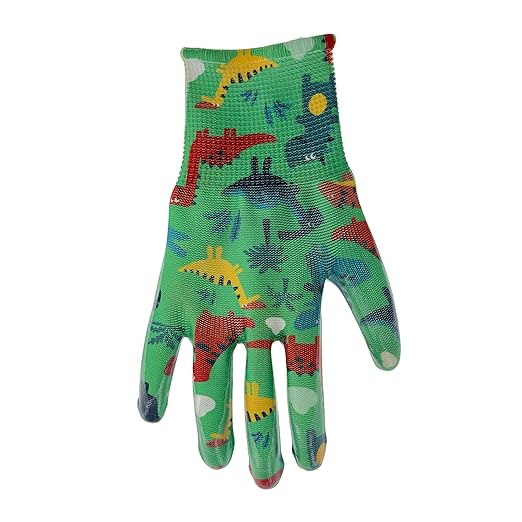 Simply MUD Kids (ages 5-8) Garden Gloves, Nitrile Coating, Lightweight, High Dexterity, Moisture Wicking, Green/Dino Pattern (MD31041M)