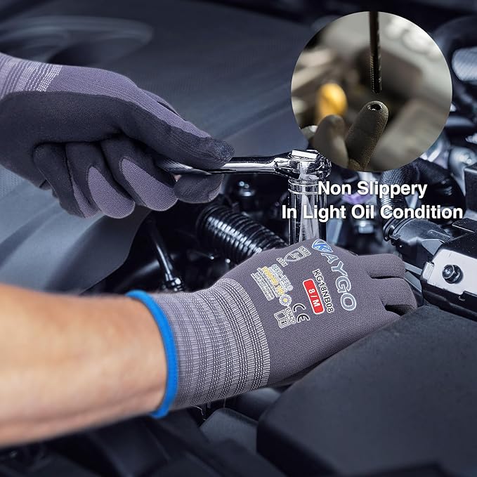 KAYGO Safety Work Gloves MicroFoam Nitrile Coated, 3 Pairs KG18NB,Seamless Knit Nylon Glove for Men and Women, Ideal for Automotive,Warehouse,Construction (Medium,Gray)