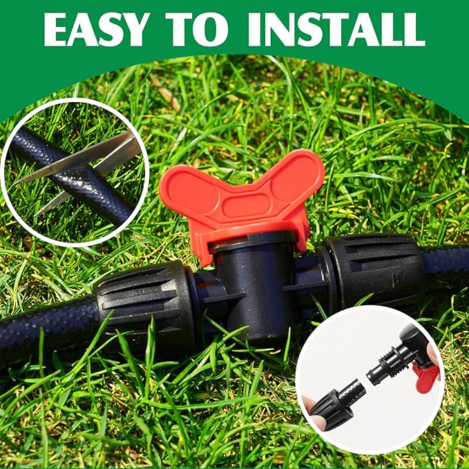 50FT 1/2" Inch Drip Irrigation Tubing Set Include Switch Valves Tees Couplings Barbed End Plugs Faucet Adapters Suitable for Home Vegetable Garden Patio Lawn Flower Bed Agricultural Irrigation