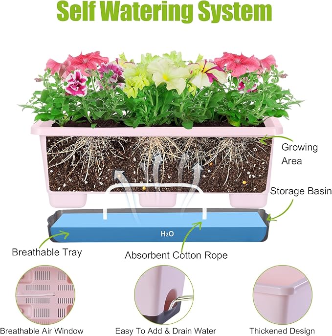 Oliz Window Box Planter 8 Pcs, 17 Inches Rectangle Flower Pots with Drainage Holes & Trays, Vegetable Planters for Windowsill Patio Garden Balcony Home Indoor Outdoor (Pink, 16 * 7 * 6 inch)