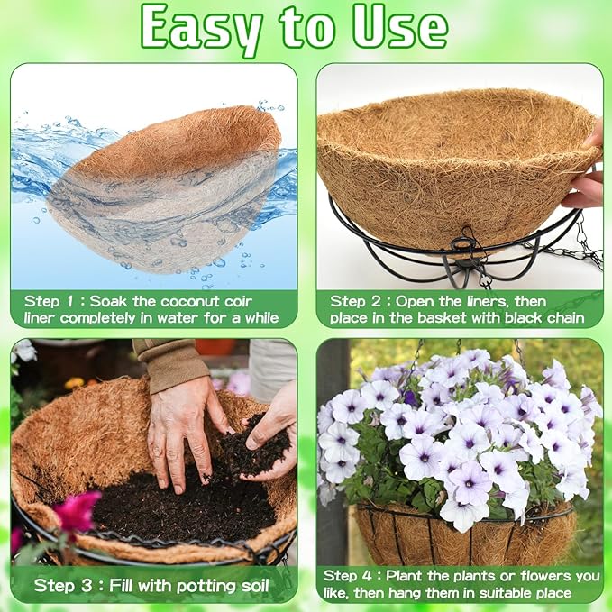ZeeDix 3 Pack 12 Inch Outdoor Hanging Baskets, Metal Wire Hanging Planters with Coconut Liners, Round Hanging Baskets for Plants Flowers Ferns Home Garden Porch Balcony Railings Decor