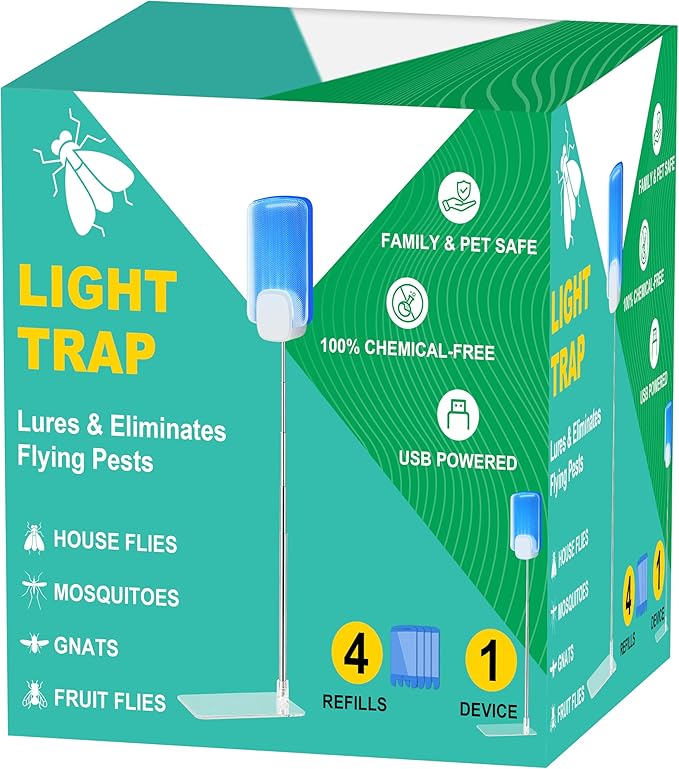Insect Trap for Indoor Control of Fruit Flies and Gnats, Uses Gentle Purple Light, Pollution-Free and Chemical-Free, Includes 1 Plug-in Device and 4 Sticky Traps, with an Extendable Pole and Base