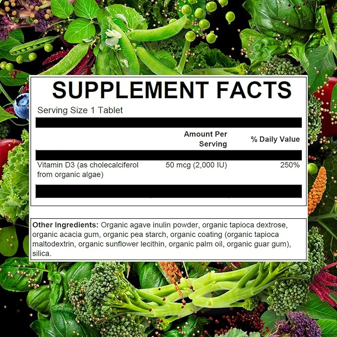 PlantFusion Vegan Vitamin D3 2000IU, Organic Vitamin D3, Sourced from Vitashine Plant Based Lichen, Promotes Immune and Bone Health, 60 Tablets