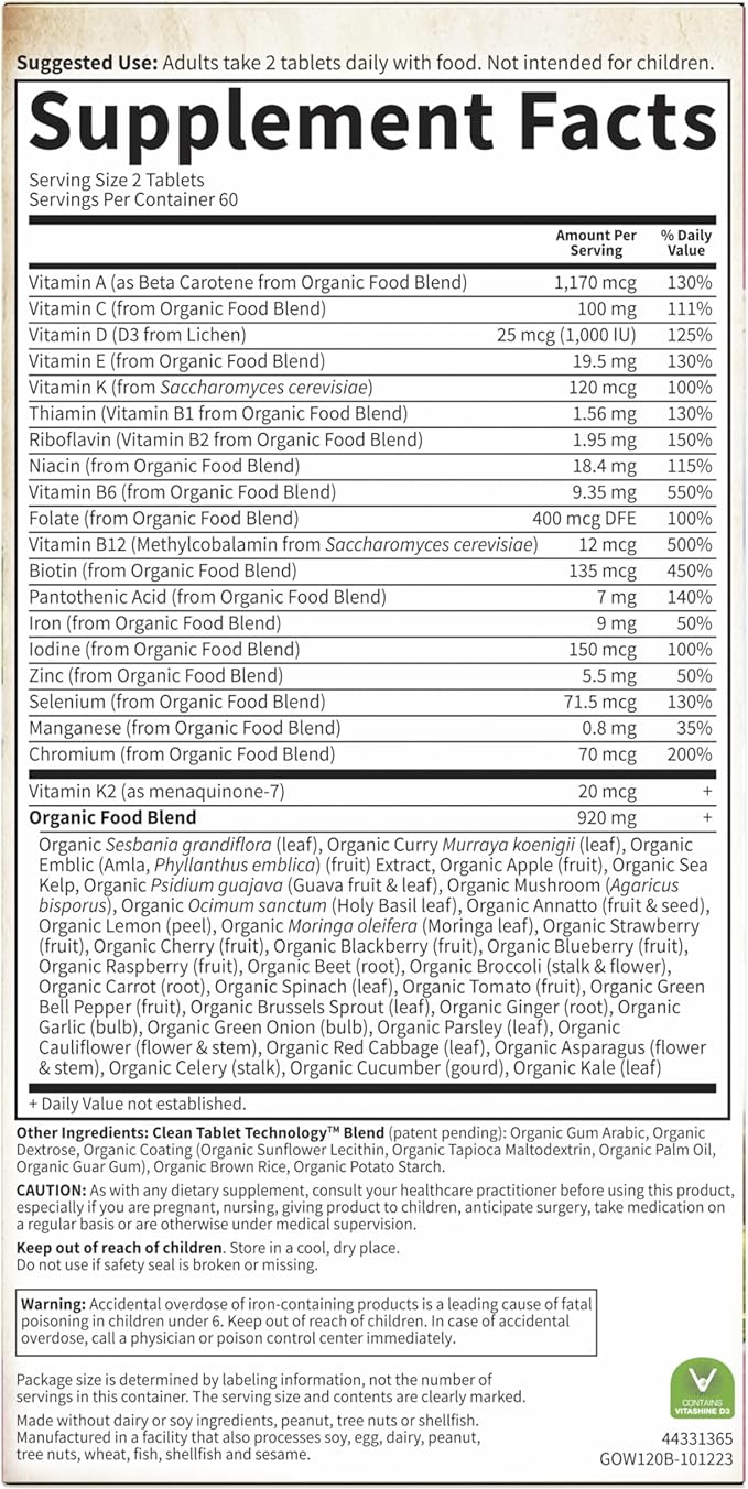Garden of Life Organics Multivitamin for Women,Womens Multi with Vitamin C,D,Folate,B6,B12,Biotin,Iron,Vegan Whole Food Vitamins for Women,Energy,Skin,Nails,120 Tablets,(Pack of 2)