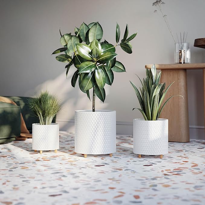EverNest Claire Modern Indoor Plant Pot Set with Stand, White Pattern, SelectBase Cachepot, Neutral Mid-Century Modern Style, Metal Home Decor Planter (Set of 3)