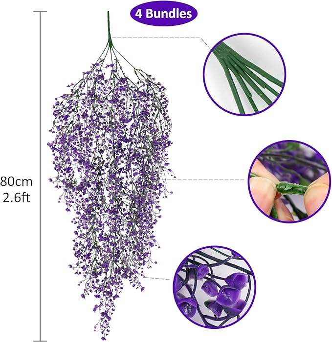 RECUTMS Artificial Hanging Plants Fake Vines Wall Hanging 4Pcs Faux Ferns Leaves Greenery for Spring Home Garden Wedding Party Indoor Outdoor Easter Decorations(Purple)