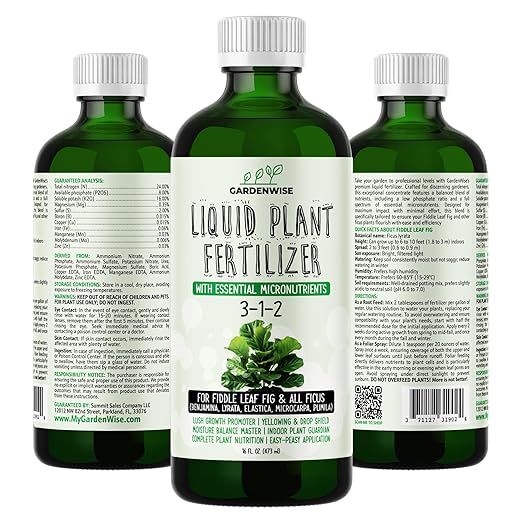 GARDENWISE 3-1-2 Liquid Fertilizer Concentrate with Micronutrients - Optimal Fiddle Leaf Fig Plant Food, Ideal for Ficus Lyrata & Fig Trees, Gold Leaf Enhanced Indoor Plant Fertilizer (16 OZ)