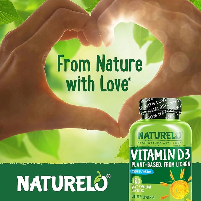 NATURELO Vitamin D - 2500 IU - Plant Based from Lichen - Natural D3 Supplement for Immune System, Bone Support, Joint Health - Vegan - Non-GMO - Gluten Free - 180 Capsules (Pack of 2)