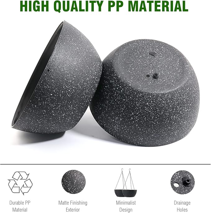 WSMKSZ 10 inch Hanging Planters for Outdoor Indoor Plants with Drainage Holes and Chain, 2 Pack Round Hanging Flower Pots for Garden Home Porch Decor, Speckled Black