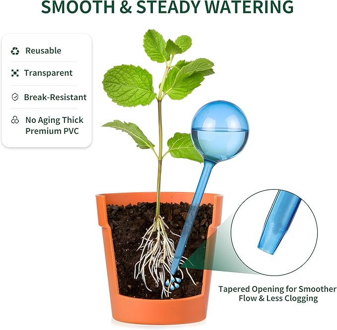 Soilagua 12-Pack Plastic Plant Watering Globes, Premium PVC Shatter-Resistant Plant Waterer, Tapered Opening Self Watering Planter Insert, Automatic Watering Spikes for Daily & Vacation Plants Care