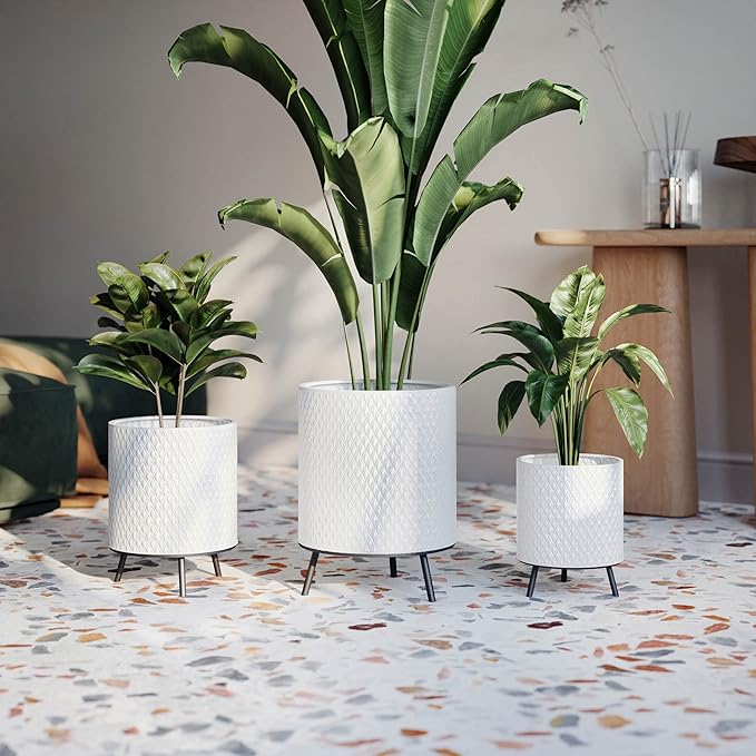 EverNest Claire Honeycomb Neutral Modern White Planter with Nyra Stand, Indoor Plant Pots, SelectBase, Mid-Century Modern, Boho Style Home Decor for Plants (Set of 3, Black)