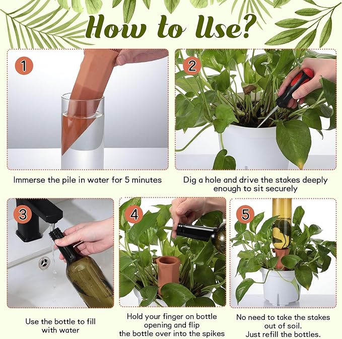 SiliFine 12 Sets Plant Watering Devices Include Terracotta Self Watering Spikes and 26 oz Plastic Bottles, Slow Release Vacation Insert Automatic Plant Waterer Device (Grass Green and Terracotta)