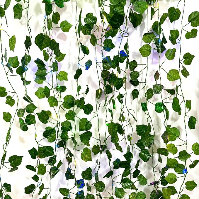 6 Pcs Artificial Hanging Plants Fake Grapevines With 60 Colored Lights, Grapevine Leaves, Fake Plant Vine Hanging Garland for Wall, Party, Wedding, Home, Kitchen, Indoor and Outdoor Decoration
