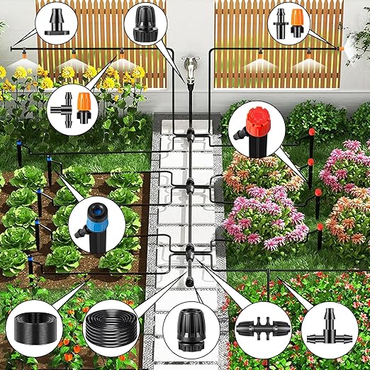 520FT Drip Irrigation System Kit, Automatic Drip Irrigation Kit with 1/2 inch Hose 1/4 inch Distribution Tubing and Accessories for Greenhouse, Yard, Lawn