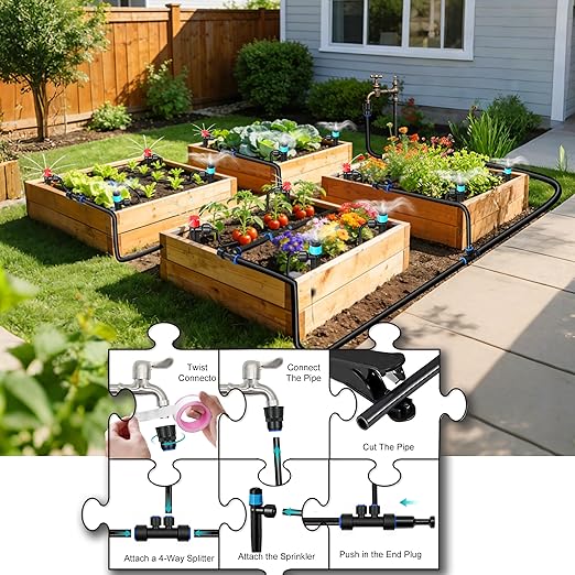 Drip Irrigation Kit for Garden, Automatic Watering System with Quick Connect Fittings, Adjustable Spray Nozzles, Water Saving Irrigation System for Yard, Greenhouse, Lawn & Potted Plants (191FT)
