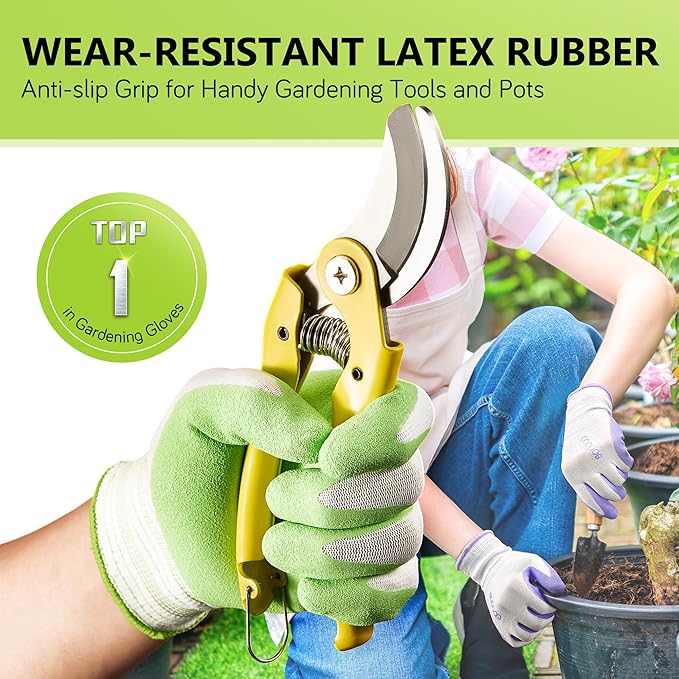 COOLJOB 6 Pairs Gardening Gloves for Women Ladies, Breathable Rubber Coated for Yard Garden, Outdoor Indoor Protective Work, Medium Size, Lavender Purple & Apple Green